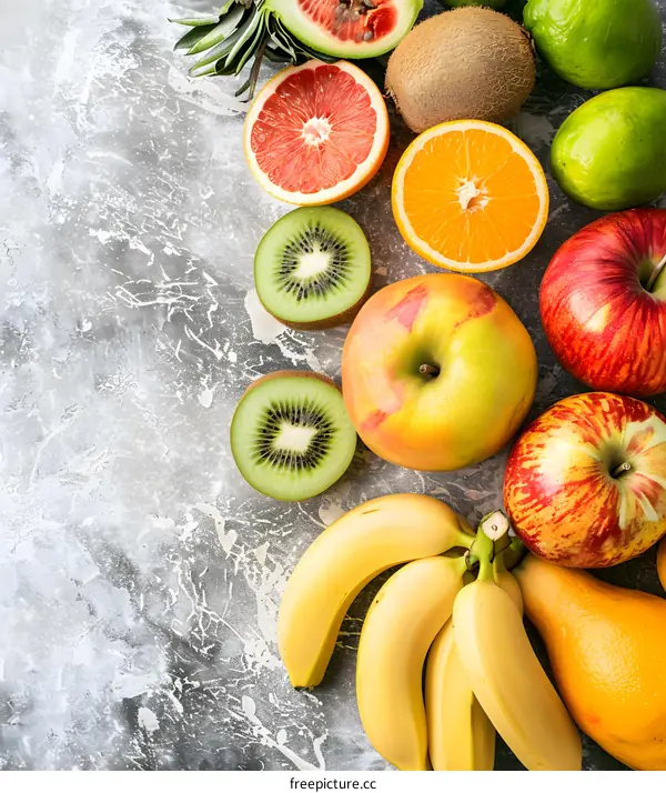 Assortment of Fresh Fruits on Grey Background