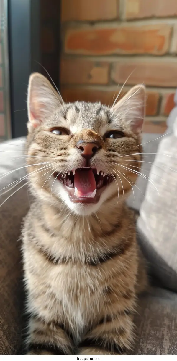 A cute cat is sitting on the sofa and looking at the camera with its mouth open
