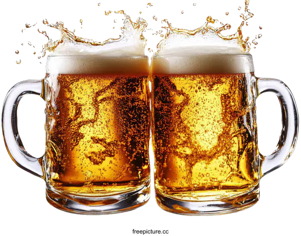 [Transparent Background PNG]Two Beer Mugs with Splashing Foam