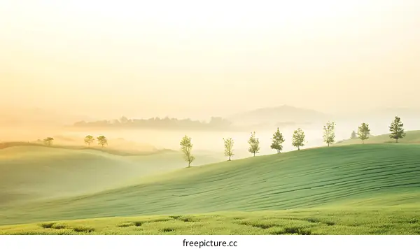 Misty Sunrise Over Rolling Green Hills