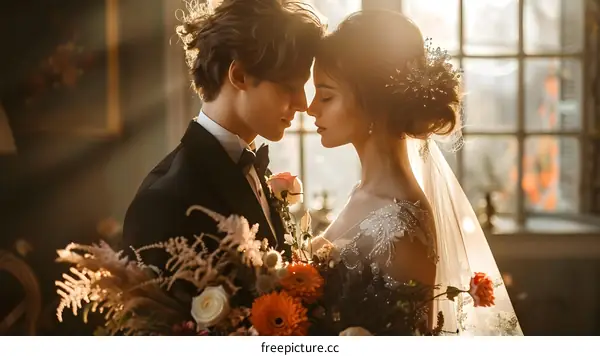 Young couple is posing for a photo on their wedding day. The bride is wearing a white dress with a long veil. The groom is wearing a black tuxedo with a white rose boutonniere.