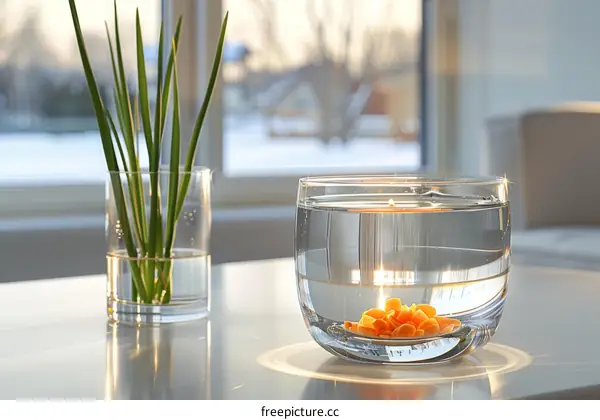 Floating Candle Centerpiece with Green Plants in Sunlight
