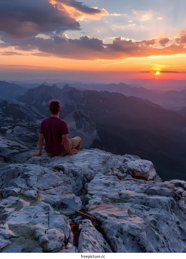 man sitting on the edge of a cliff watching the sunset