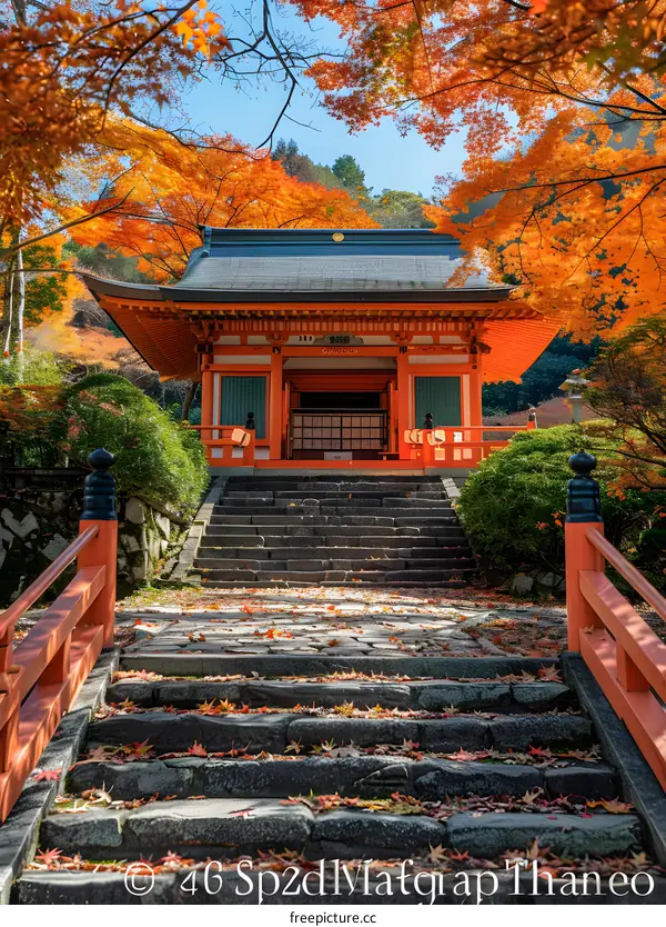 A photo of a Japanese temple with red and orange autumn leaves