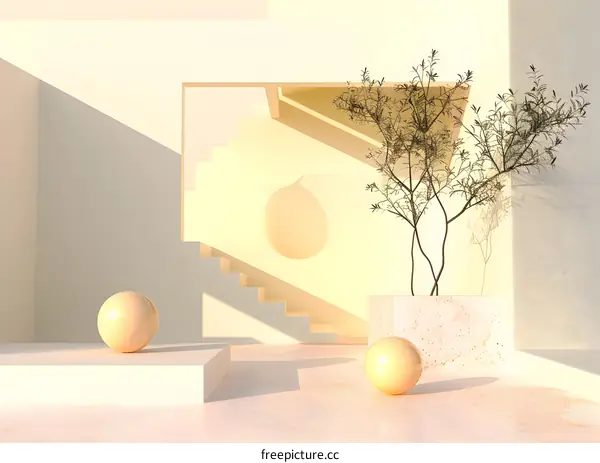 Minimalist Interior Design With White Walls And Golden Spheres