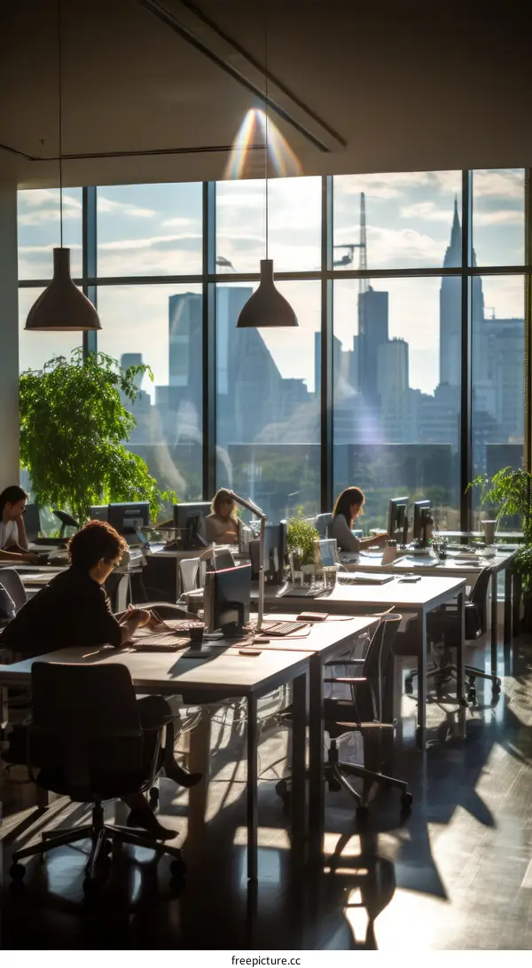 Sunlight shines through the office windows and illuminates the room
