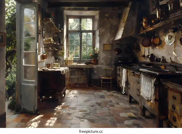 An old kitchen with a large window