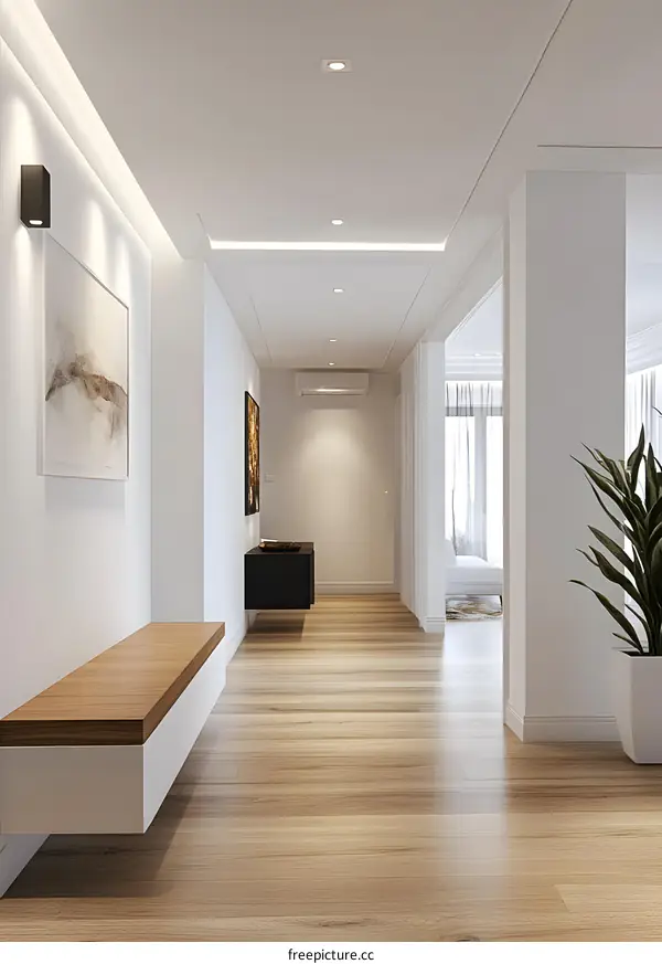 Modern White Hallway with Wood Floor and Floating Bench