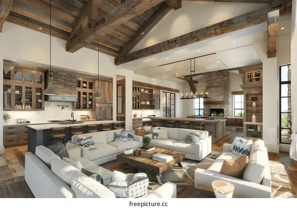 Spacious Living Room With Exposed Wooden Beams And A Modern Kitchen