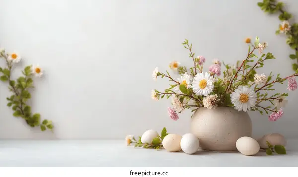 Springtime Easter Arrangement of Flowers and Eggs