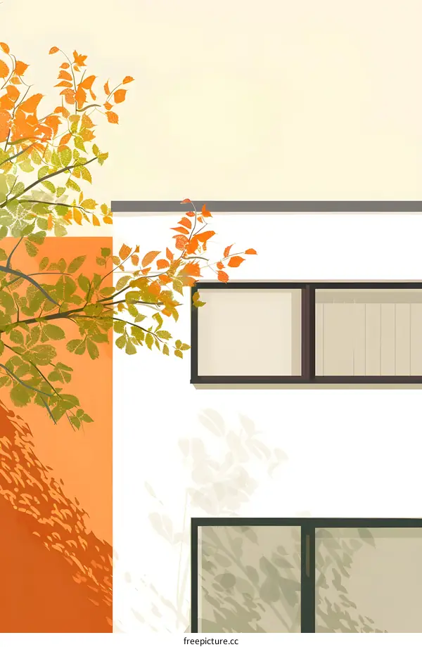 Minimalist Modern House with Orange Leaves Illustration