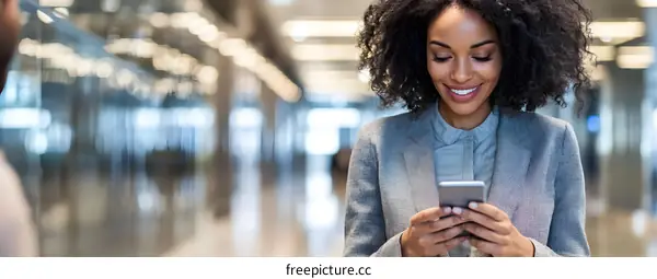 Smiling Businesswoman Using Smartphone in Office Hallway