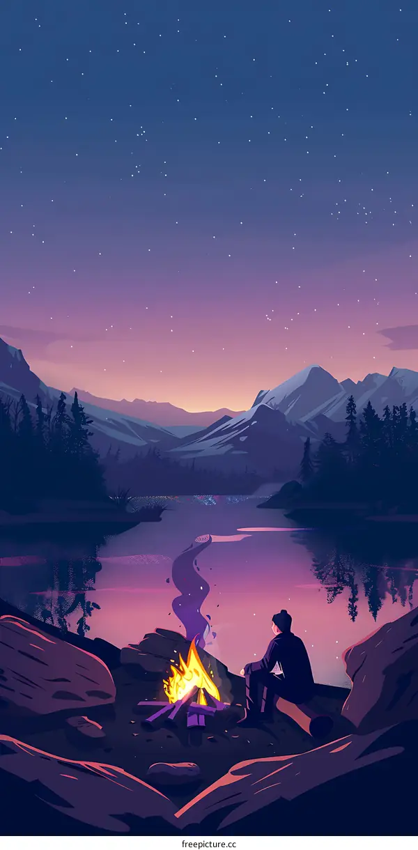 Night Campfire Illustration With Man Under The Stars