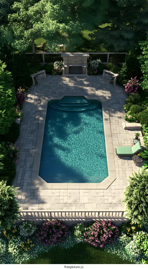 Aerial View of Backyard Pool with Stone Patio and Landscaping