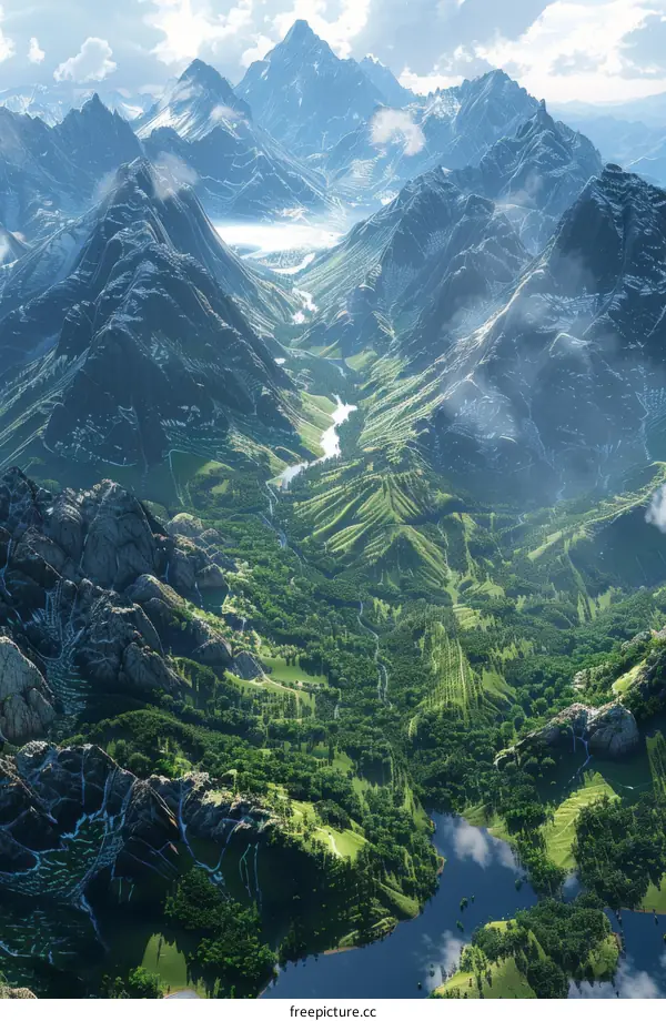 Mesmerizing Fantasy Landscape Showcasing Majestic Mountains and Tranquil Forest