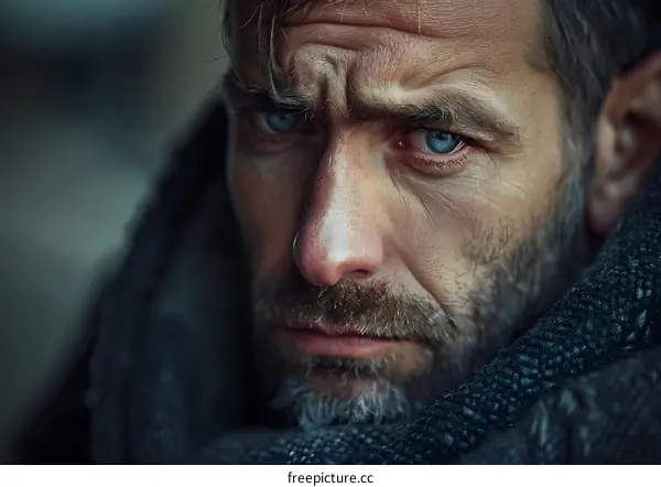 Portrait of a Man with Intense Blue Eyes and a Rugged Face