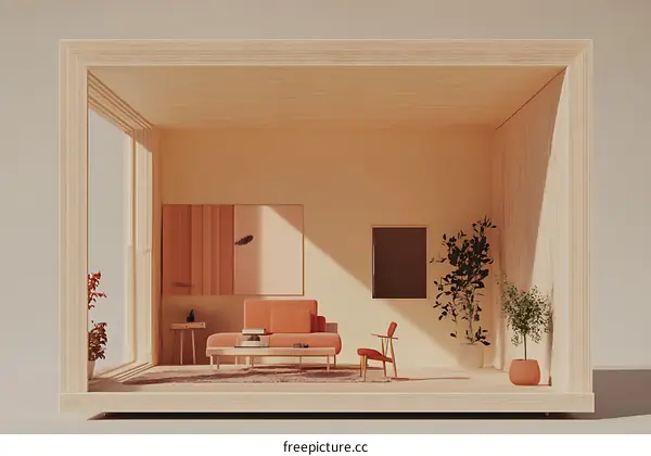 Minimalist Living Room Interior Design with Wooden Frame and Sunlight