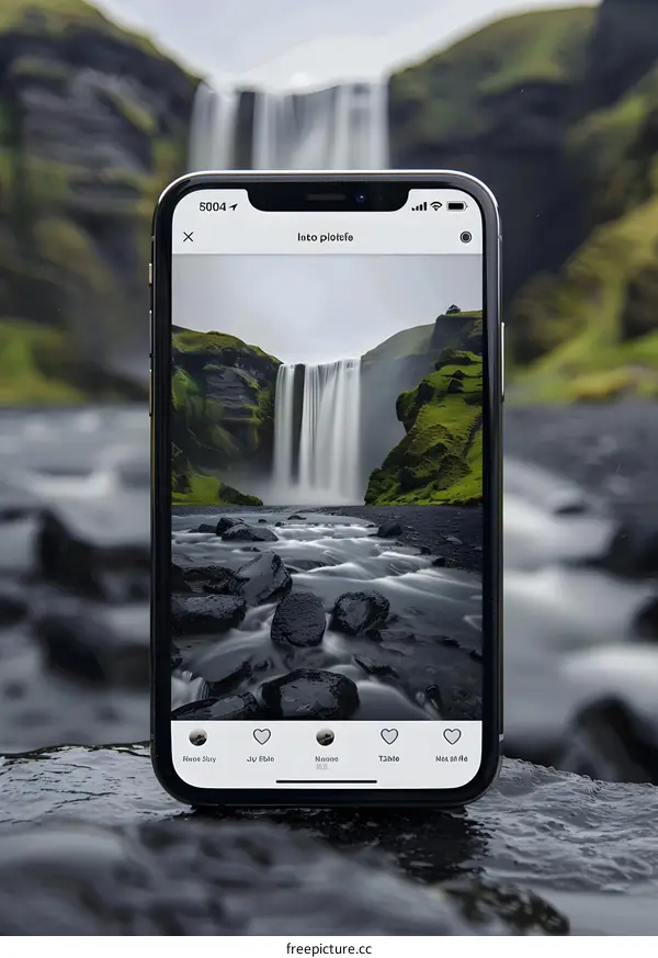 Waterfall on Phone Screen in Nature