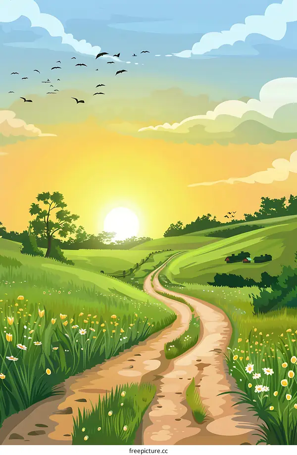 Countryside Path Landscape Illustration with Sunset