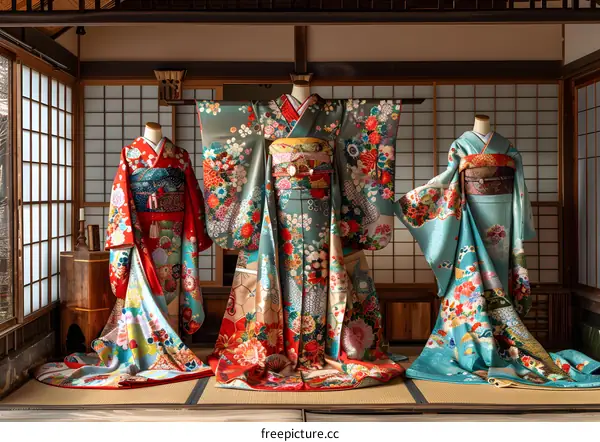 Three beautiful Japanese kimono displayed in traditional room