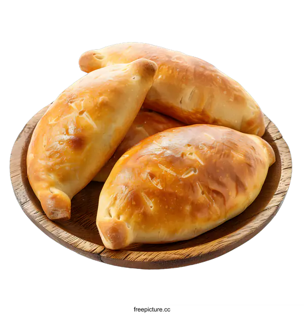[Transparent Background PNG]Four baked meat pies on a wooden plate