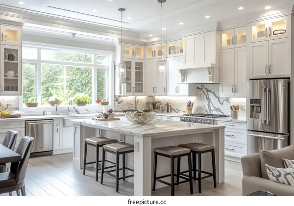 Modern White Kitchen With Island and Stainless Steel Appliances