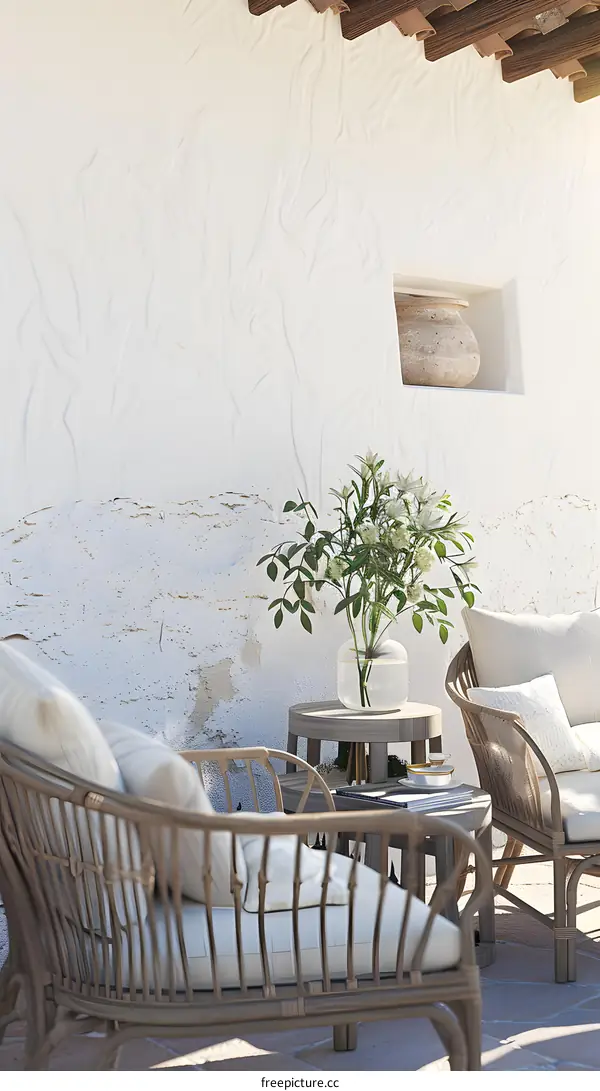 White Wall with Wooden Furniture and Plants in a Garden