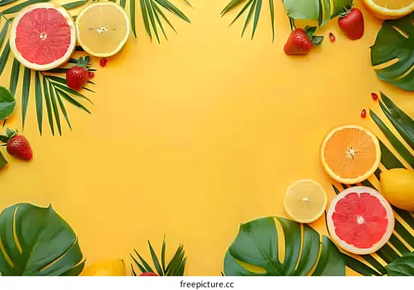 Yellow Background with Tropical Fruits and Leaves