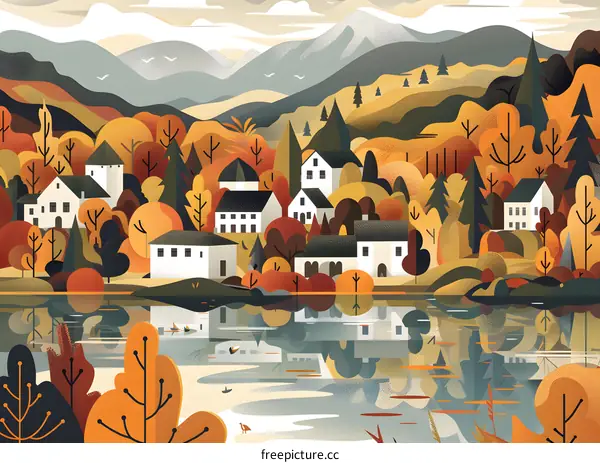 Autumn Landscape with Houses and Lake Reflection