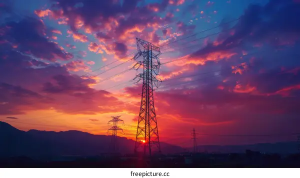 Sunset Landscape with Colorful Sky and Power Lines