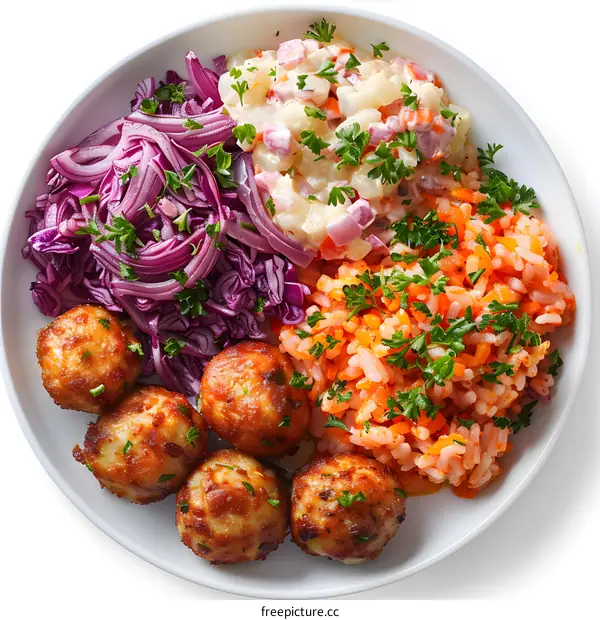meatballs with rice and red cabbage
