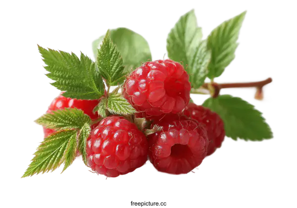 [Transparent Background PNG]Close-up of Fresh Raspberries with Leaves