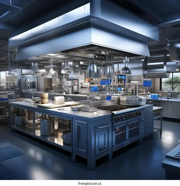 Large Commercial Kitchen with Modern Stainless Steel Appliances