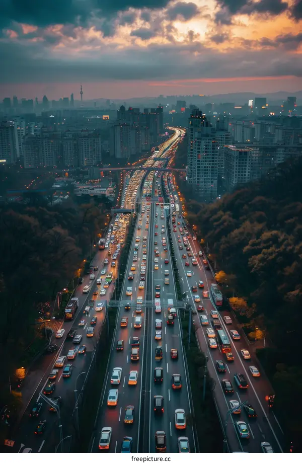 Night Traffic Jam on Urban Expressway