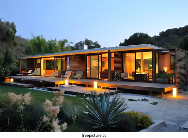 Modern House with Wood Deck and Beautiful Landscaping