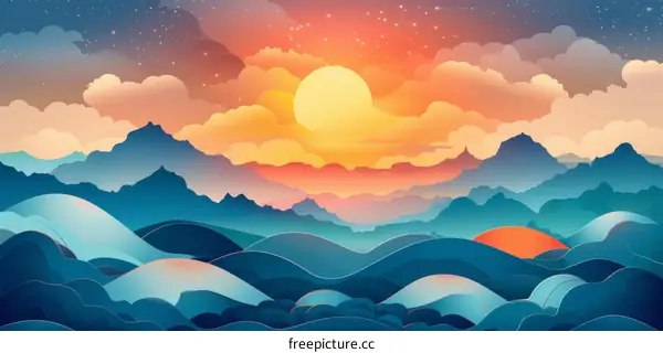 Abstract Sunset Over Blue Mountains Landscape Illustration