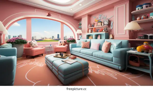 A pink and blue living room with a large window and a city view