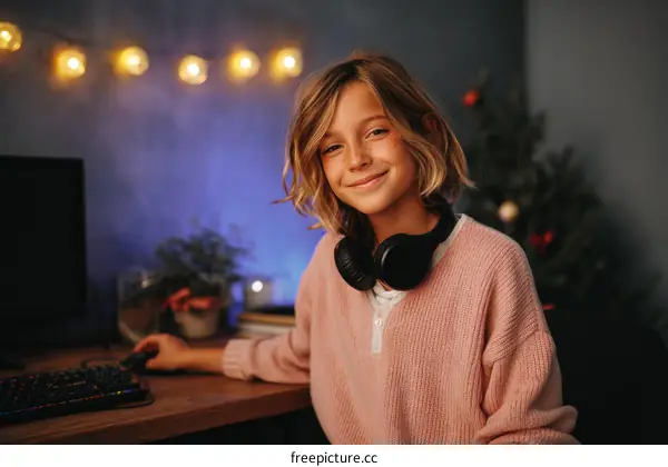 Smiling Girl with Headphones at Computer Desk