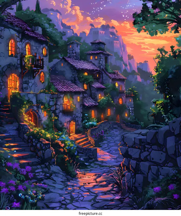 fantasy village with mountains in the background