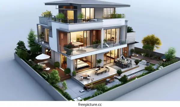 3D rendering of a modern house with a pool