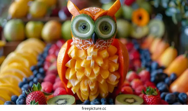Adorable owl entirely made of fruits