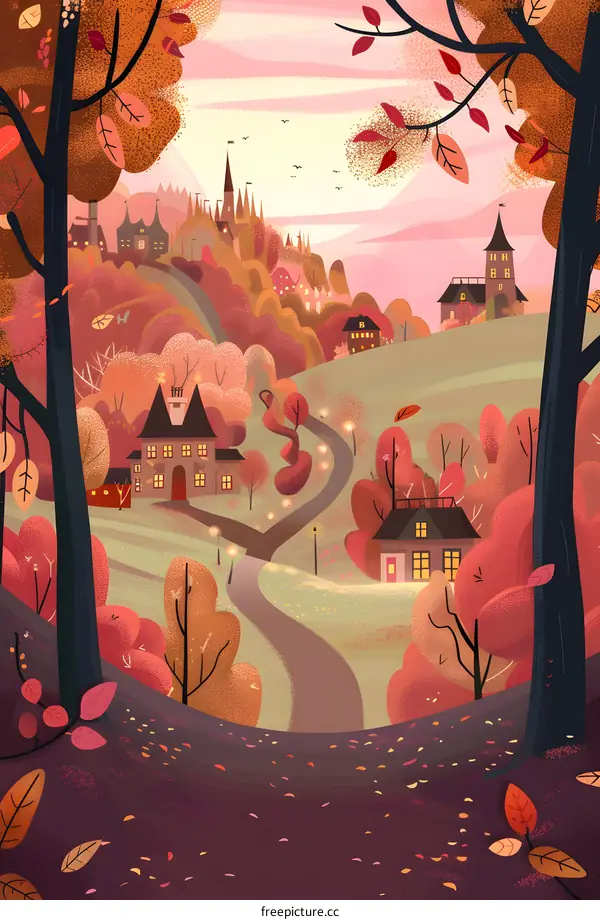 Autumn Village Landscape Illustration