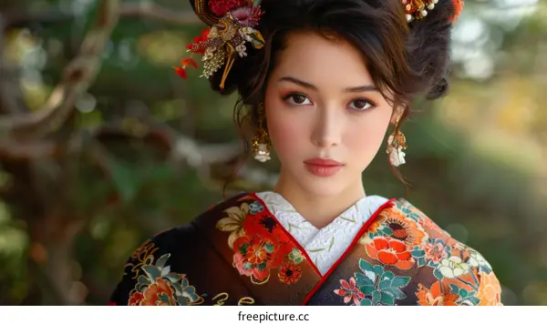 Portrait of a beautiful Japanese woman in traditional kimono