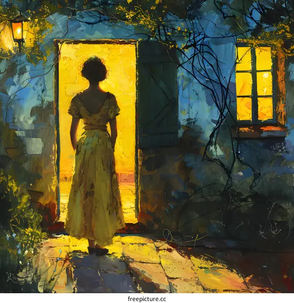 Woman standing in front of a door