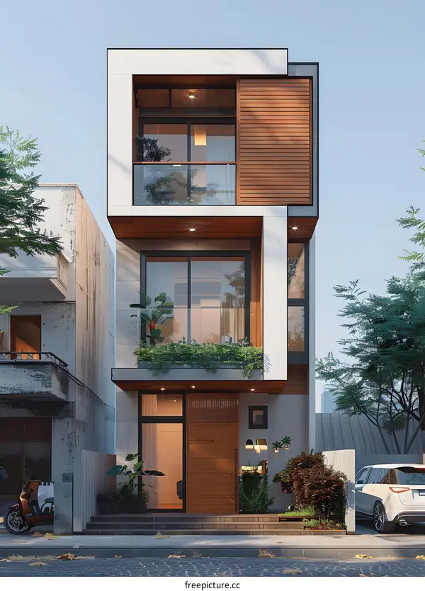 A modern two-story house with a flat roof and a wooden balcony