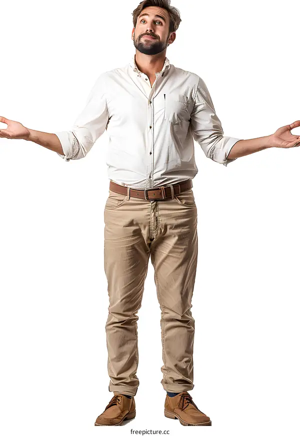 Bearded man looking up with arms outstretched