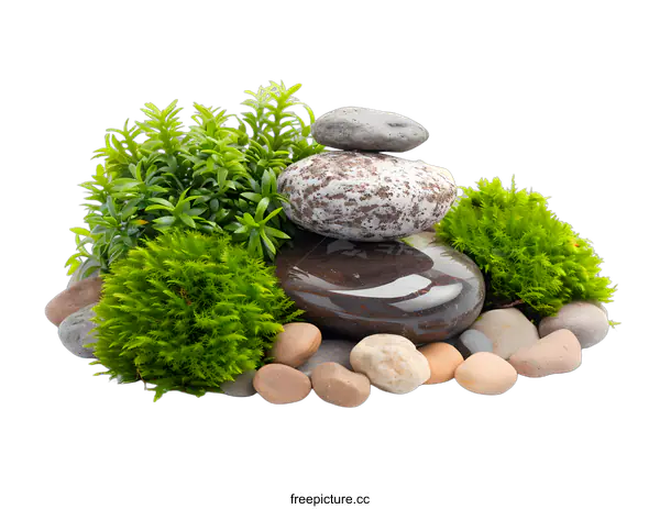 [Transparent Background PNG]Green Moss Stones Zen Garden Spa Relaxation White Background