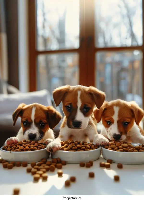 Three cute puppies eating food from bowls