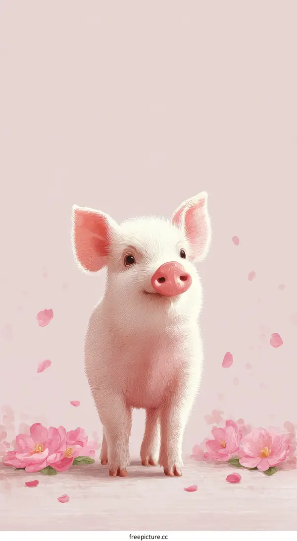 Cute Pink Pig Illustration surrounded by cherry blossoms