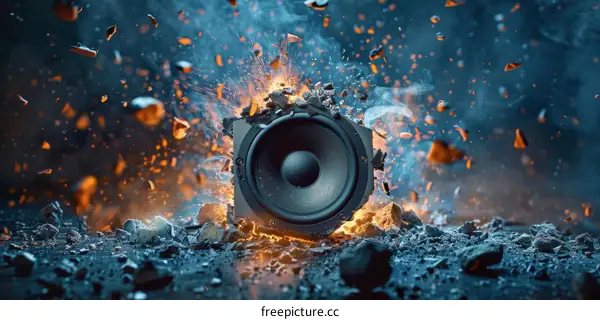 Black speaker with fire and debris